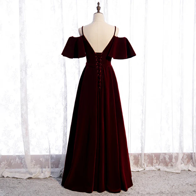 Luolandi Beautiful Wine Red Velvet Off Shoulder Floor Length Party Dress Junior Prom Dress Elegant Evening Dress